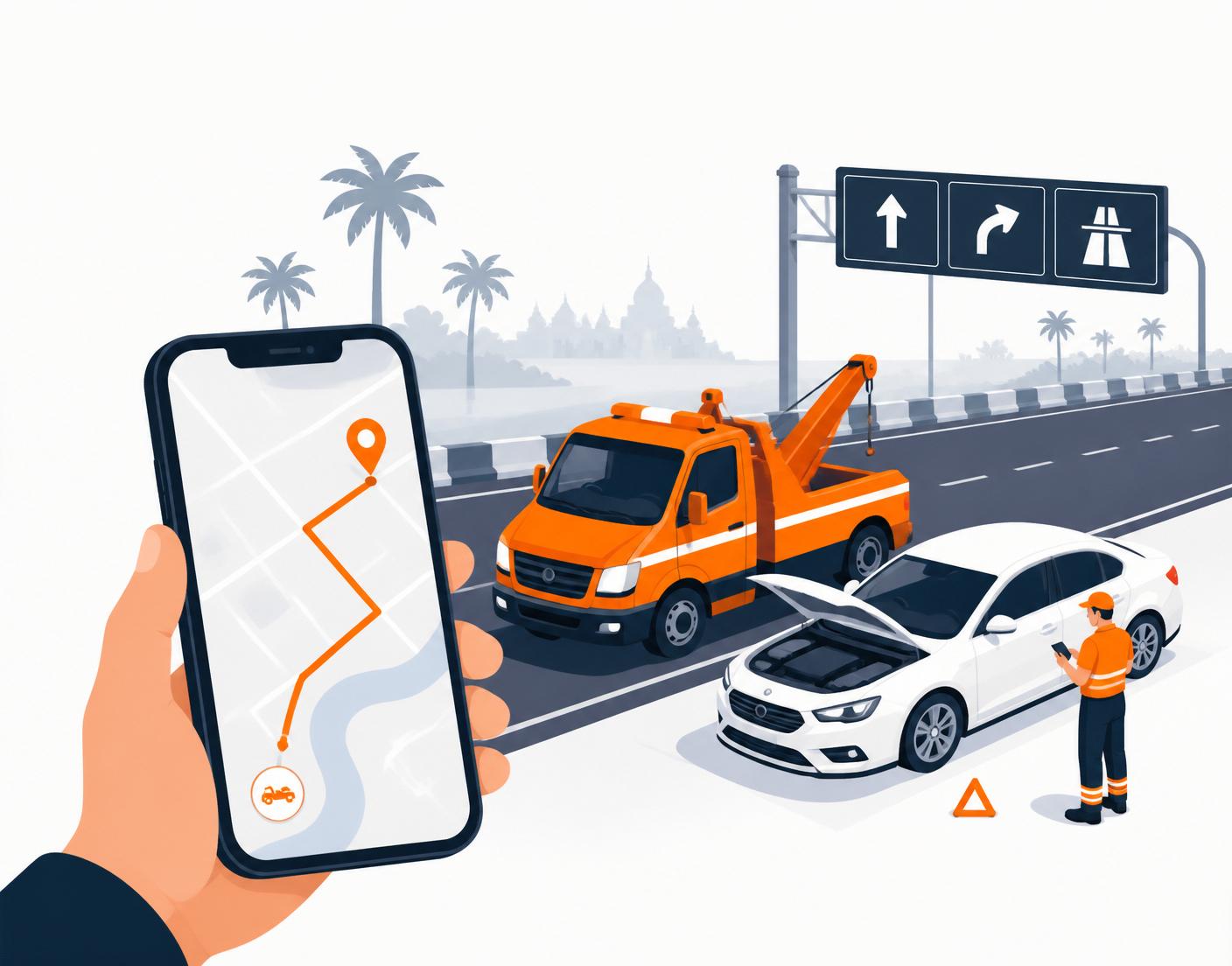 Tow truck arriving to help a broken-down car with live GPS on smartphone